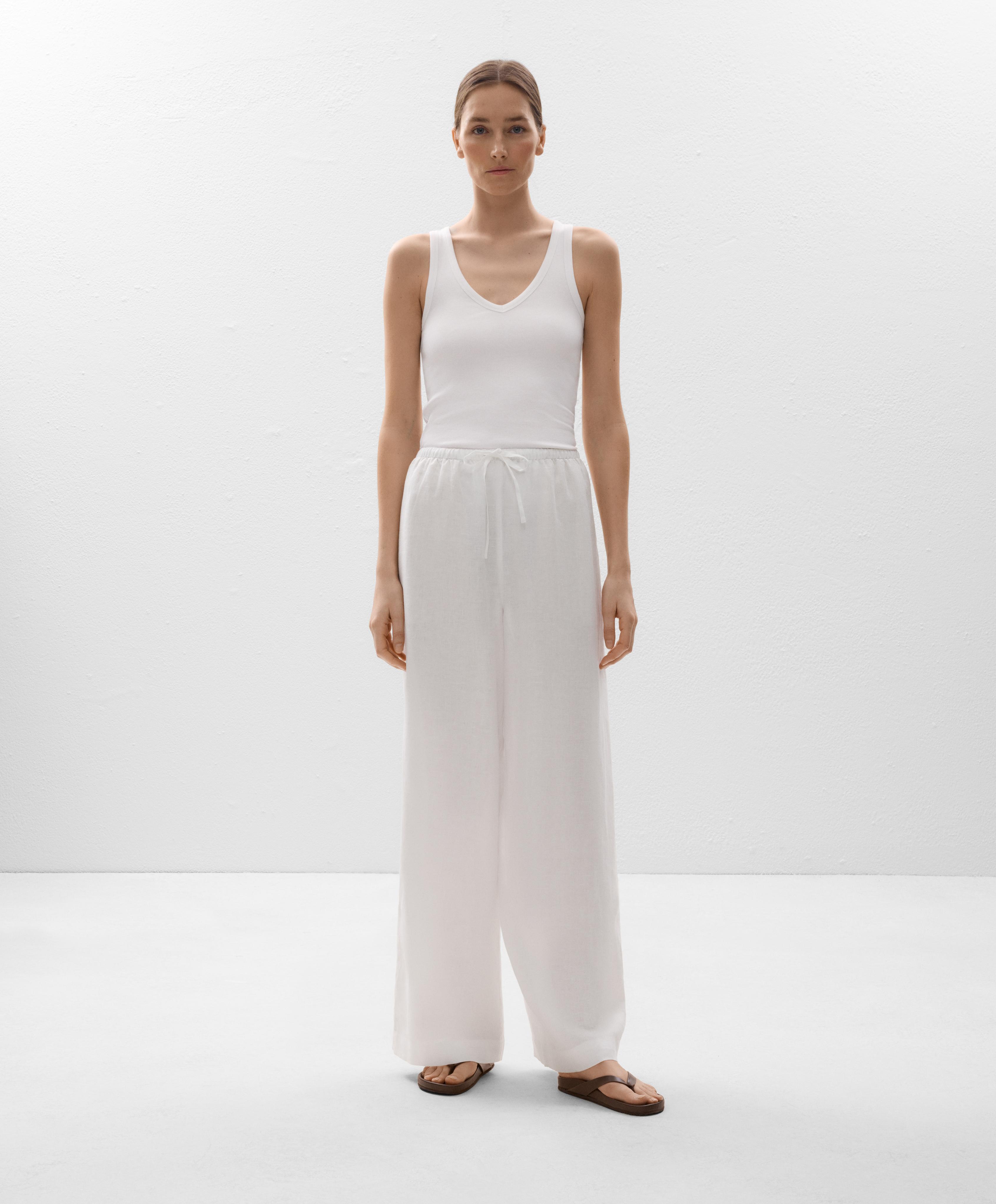 100% linen wide straight-leg trousers