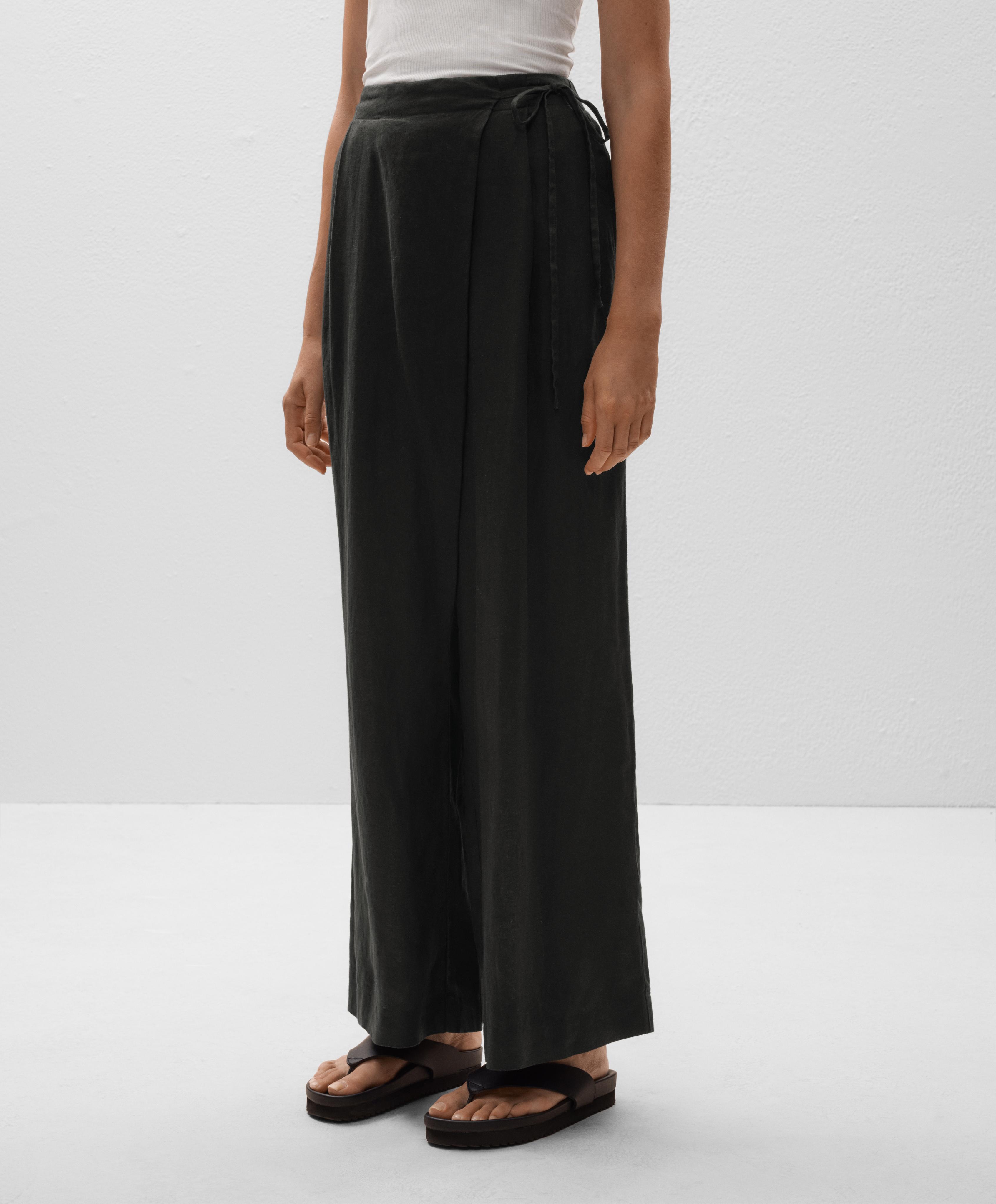 100% linen wide straight-leg trousers with crossover sarong-style wrap