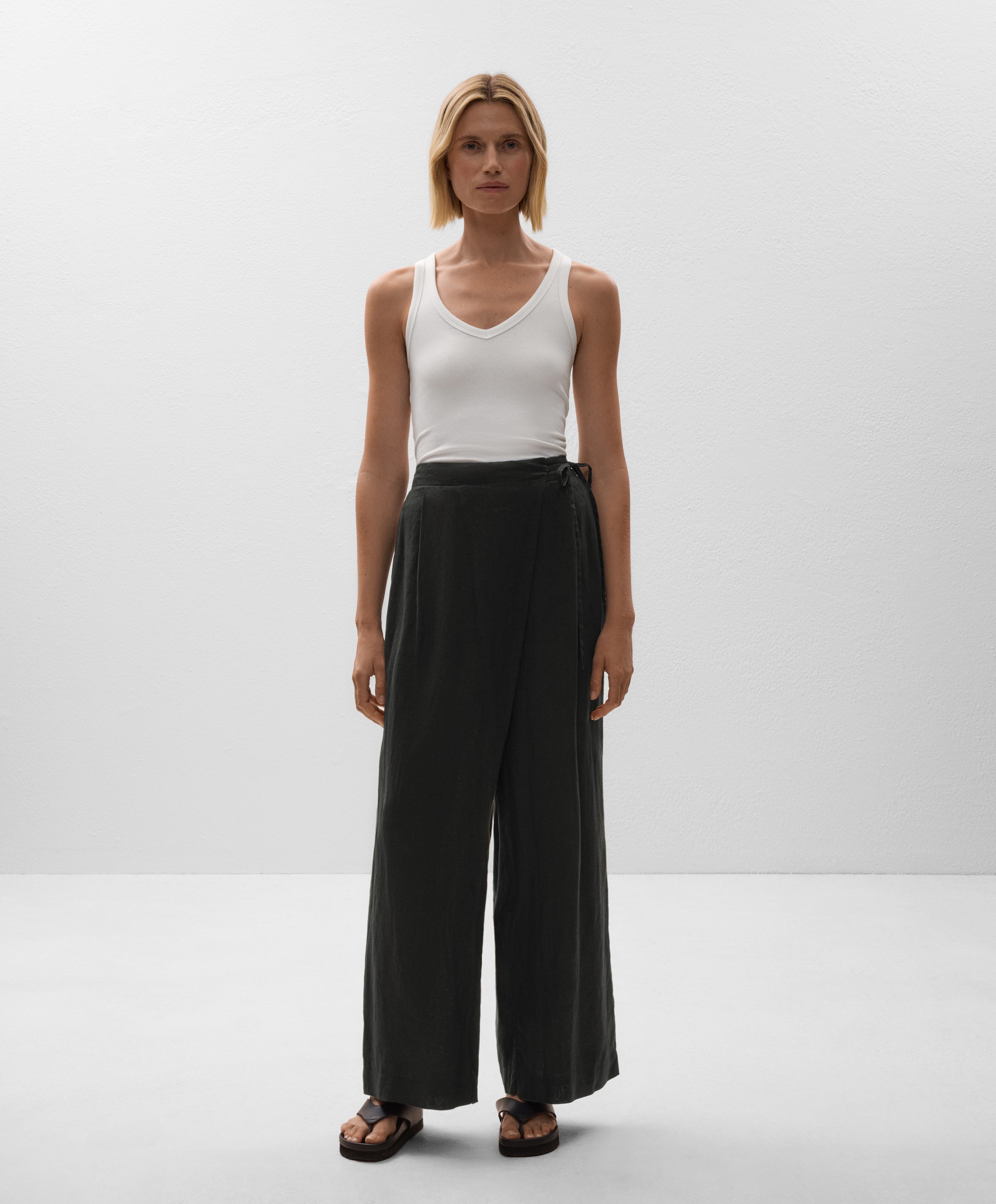 100% linen wide straight-leg trousers with crossover sarong-style wrap