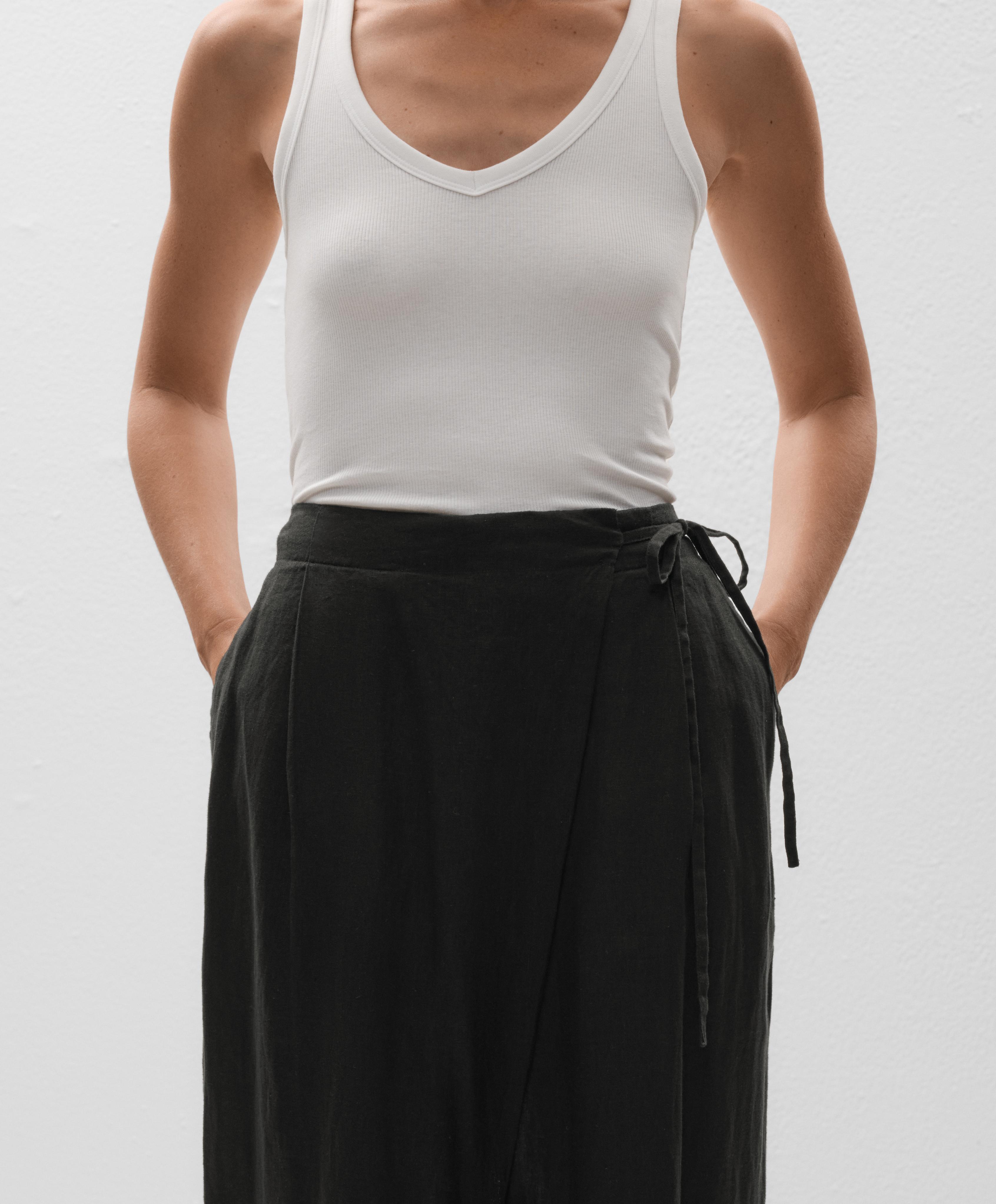 100% linen wide straight-leg trousers with crossover sarong-style wrap