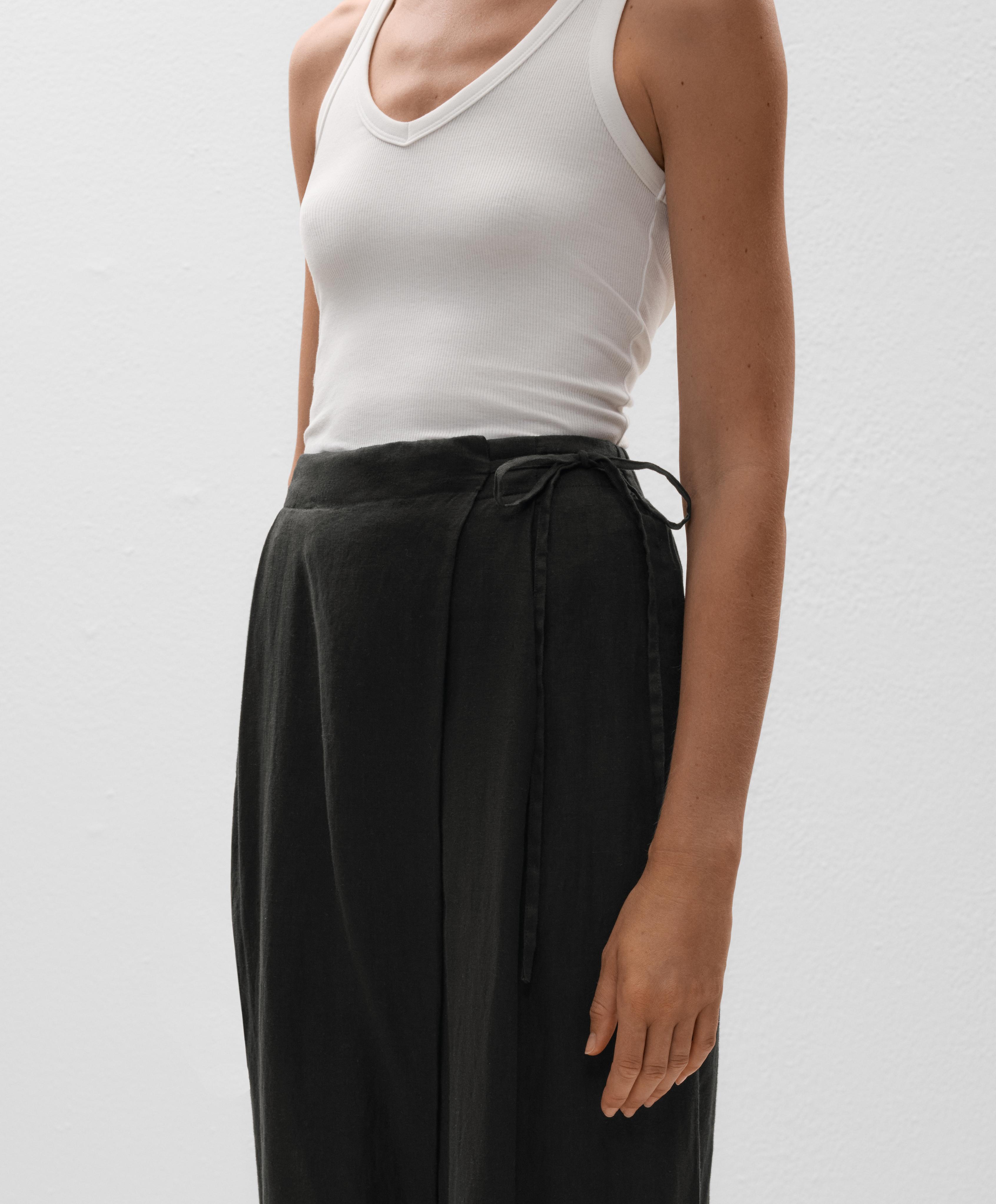 100% linen wide straight-leg trousers with crossover sarong-style wrap