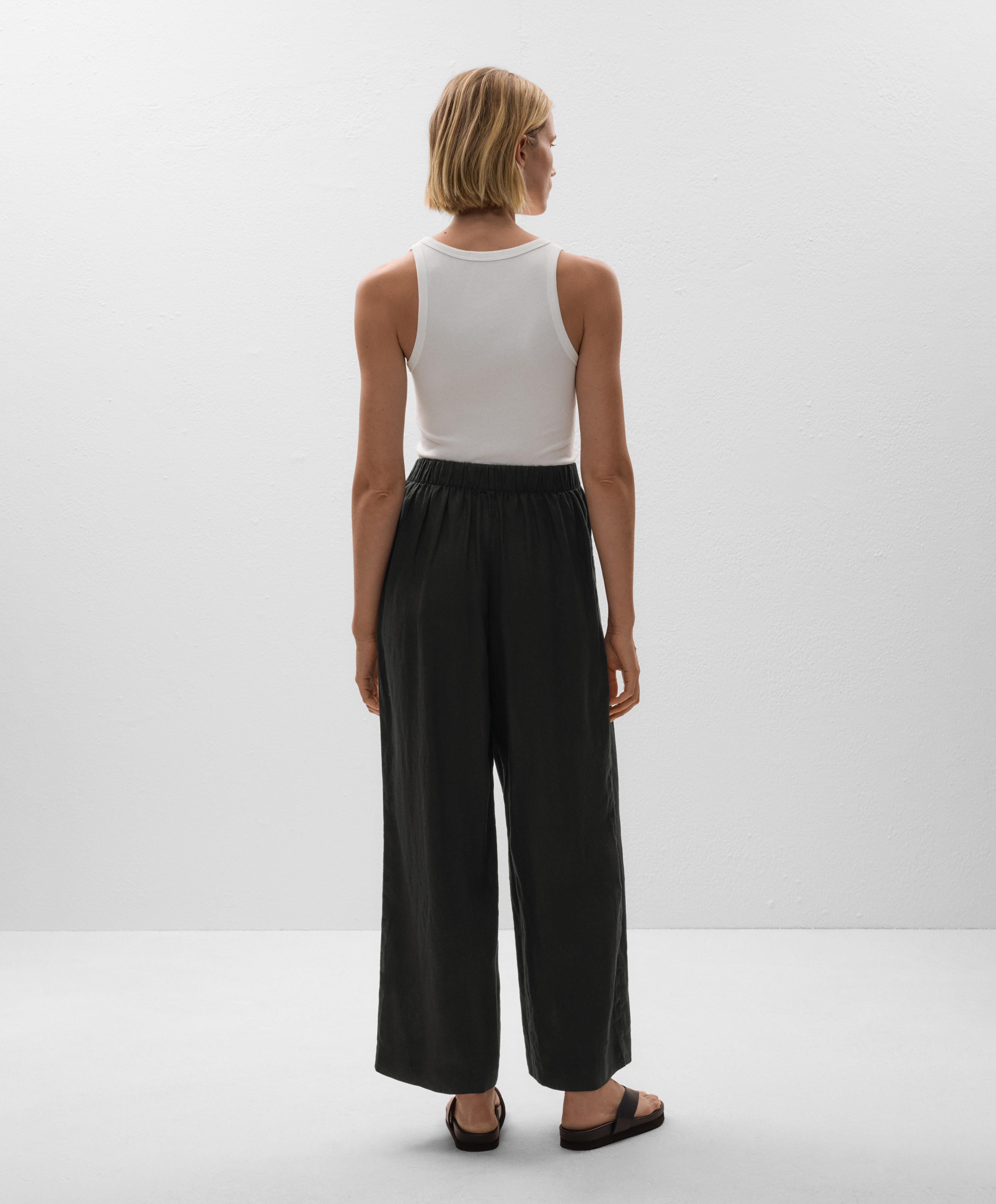 100% linen wide straight-leg trousers with crossover sarong-style wrap
