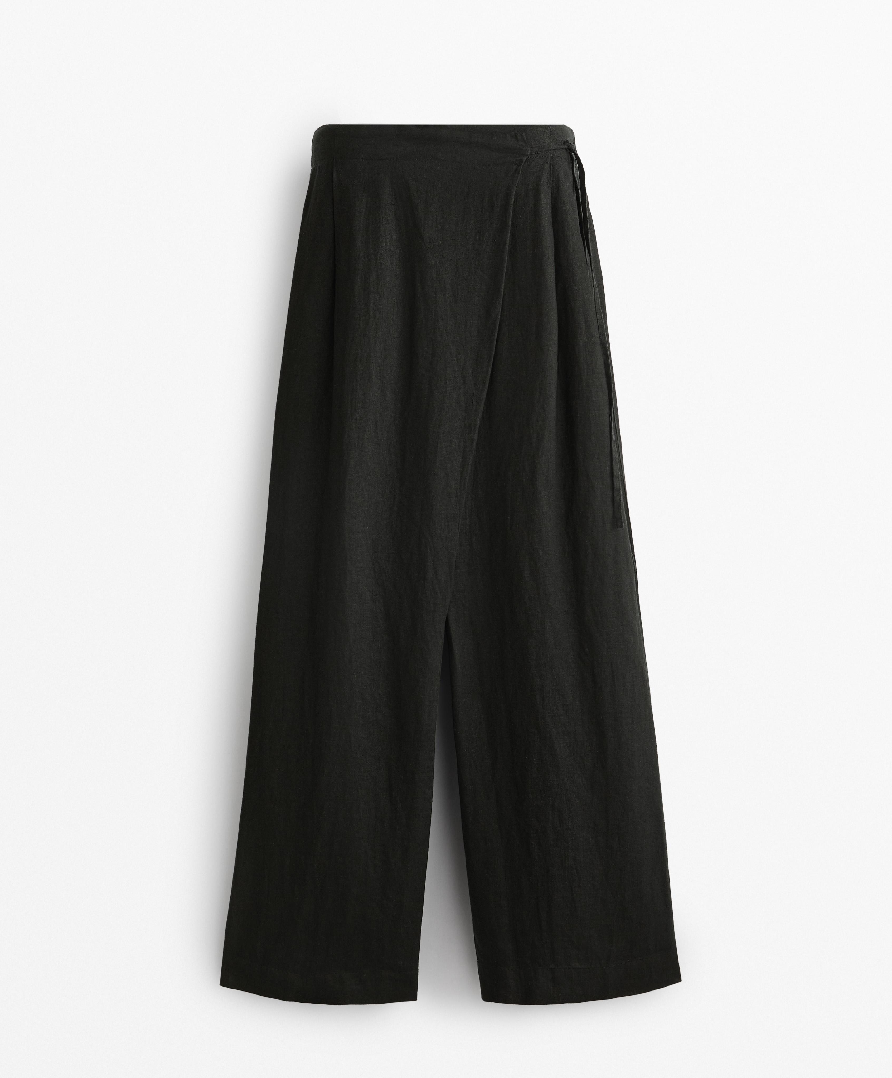 100% linen wide straight-leg trousers with crossover sarong-style wrap