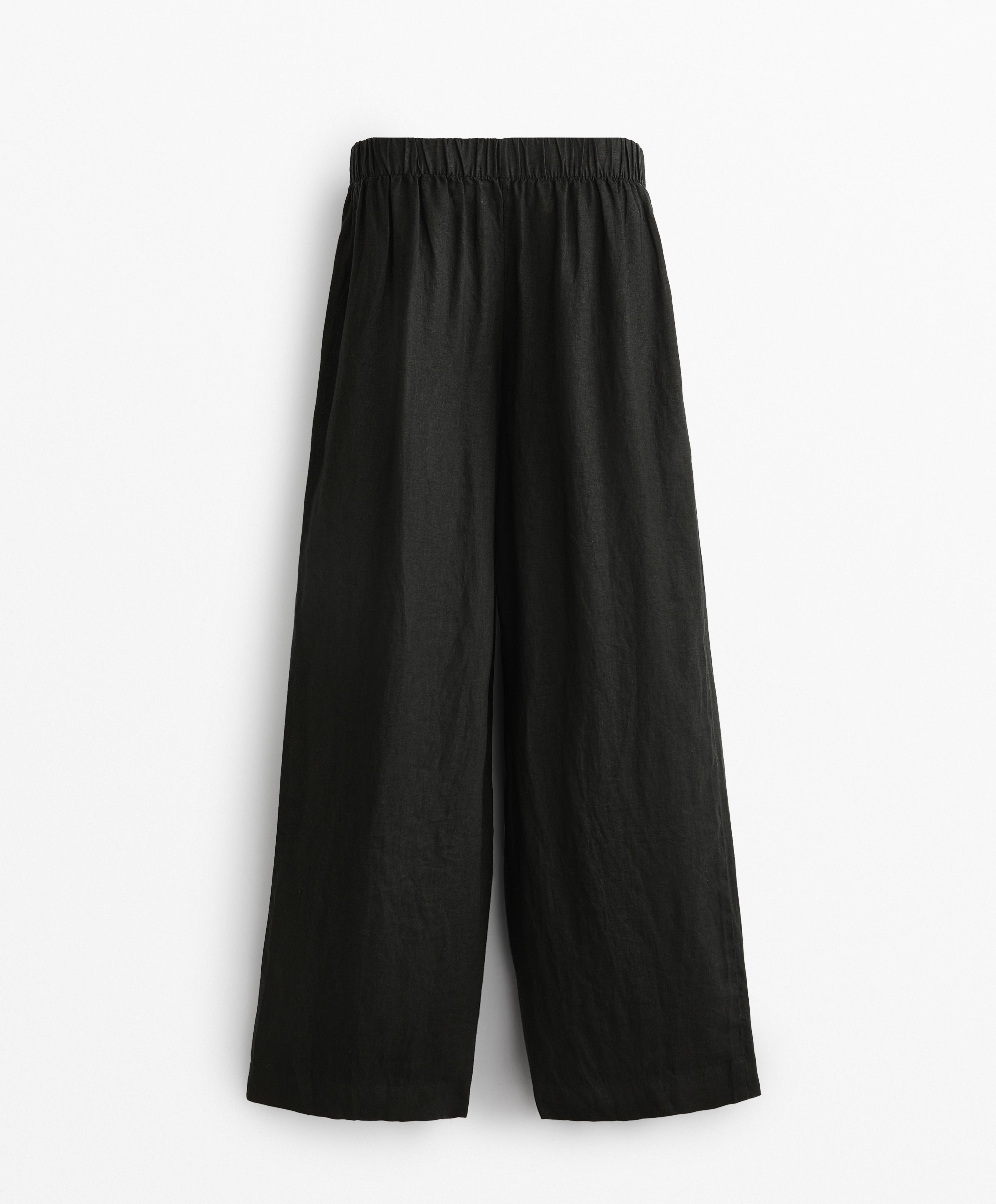 100% linen wide straight-leg trousers with crossover sarong-style wrap