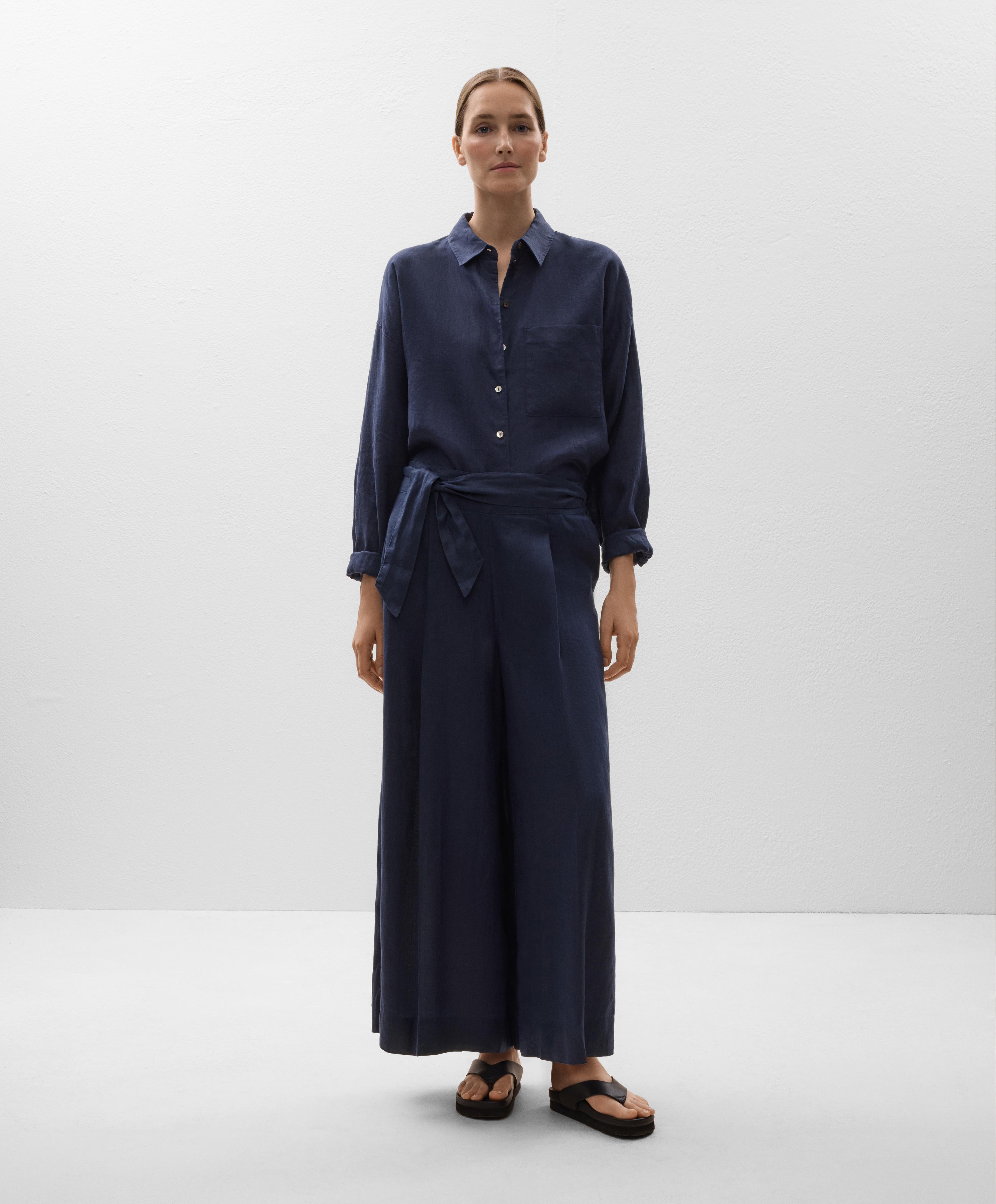 100% linen wide-leg tie waist trousers