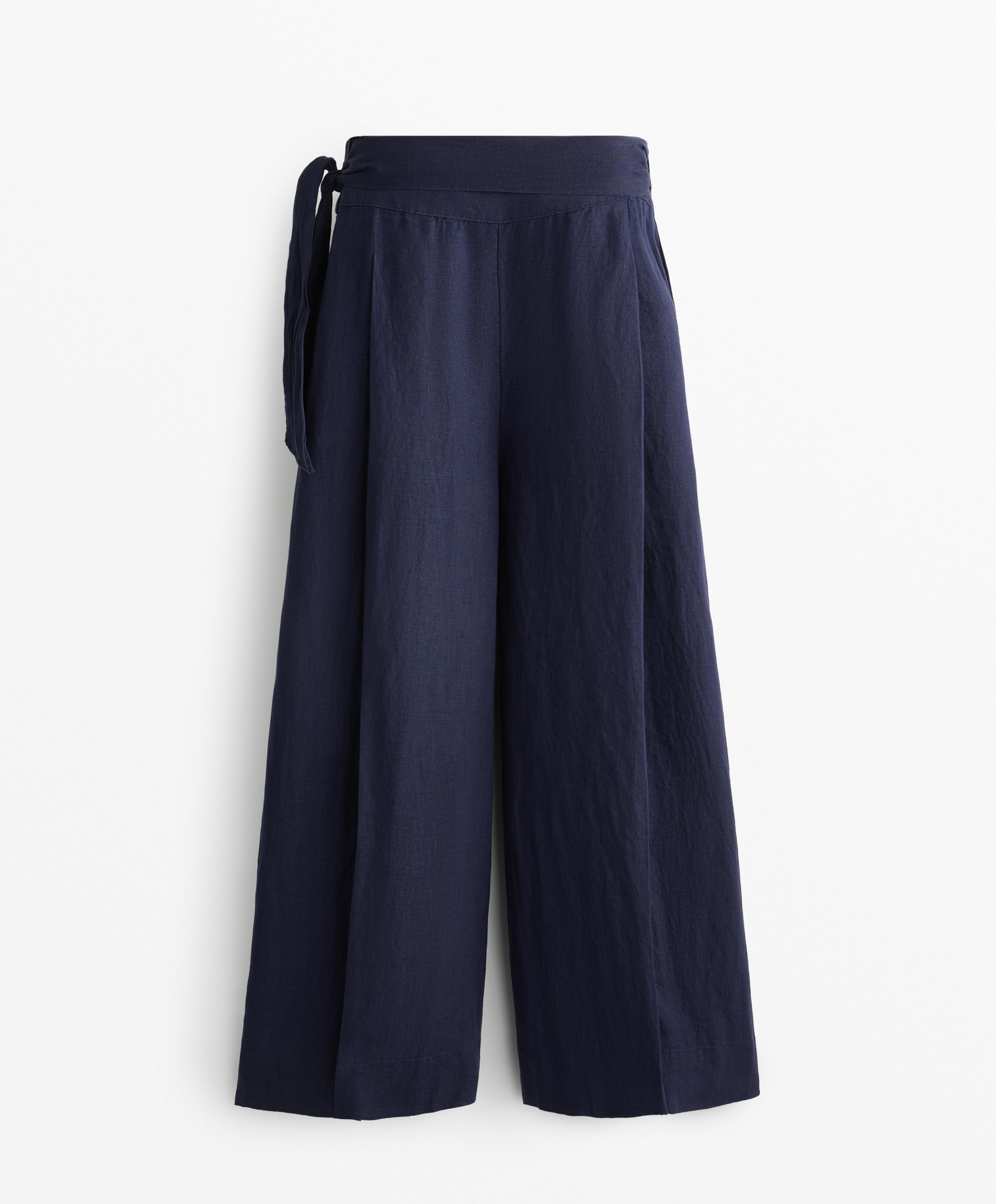 100% linen wide-leg tie waist trousers