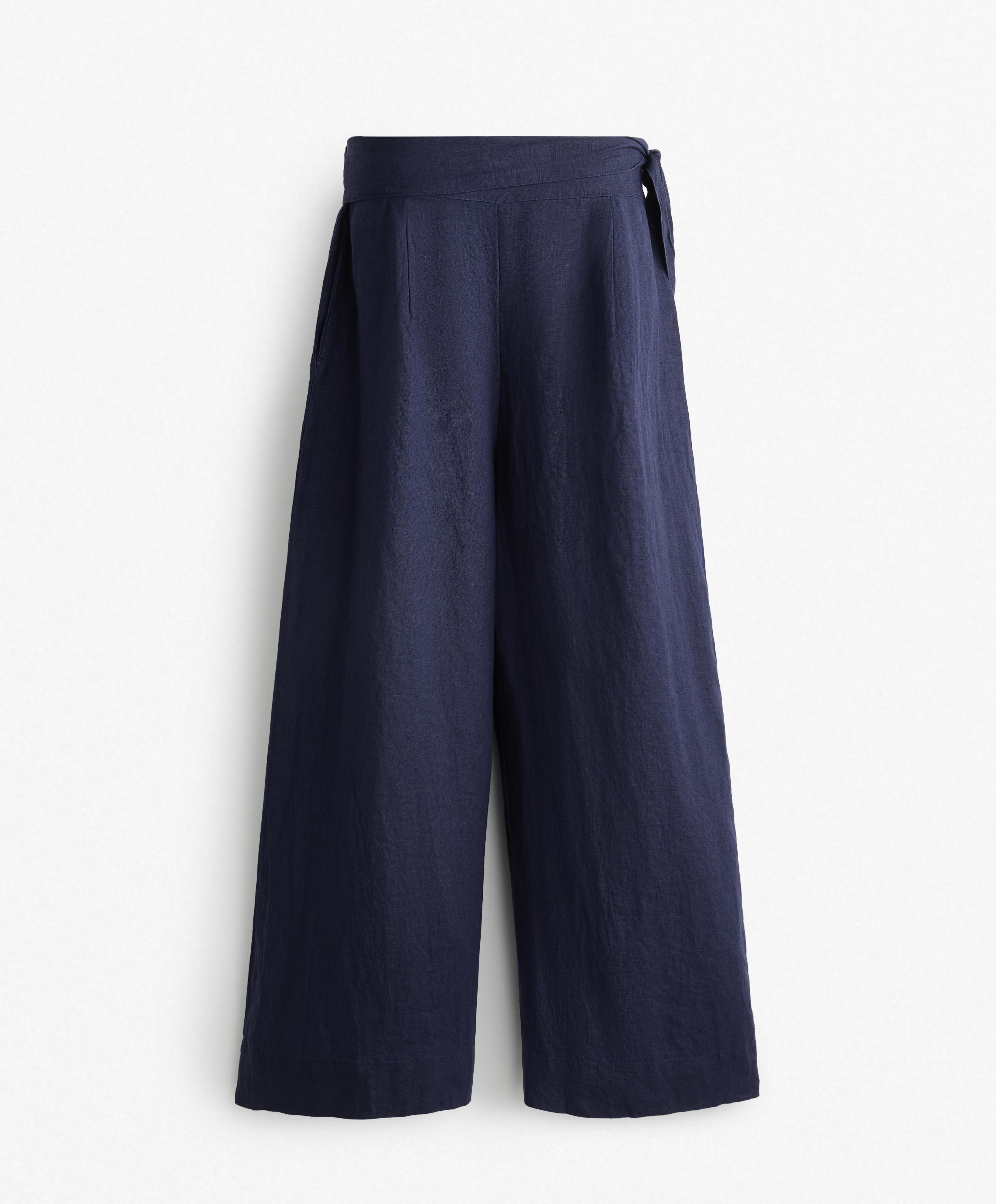 100% linen wide-leg tie waist trousers