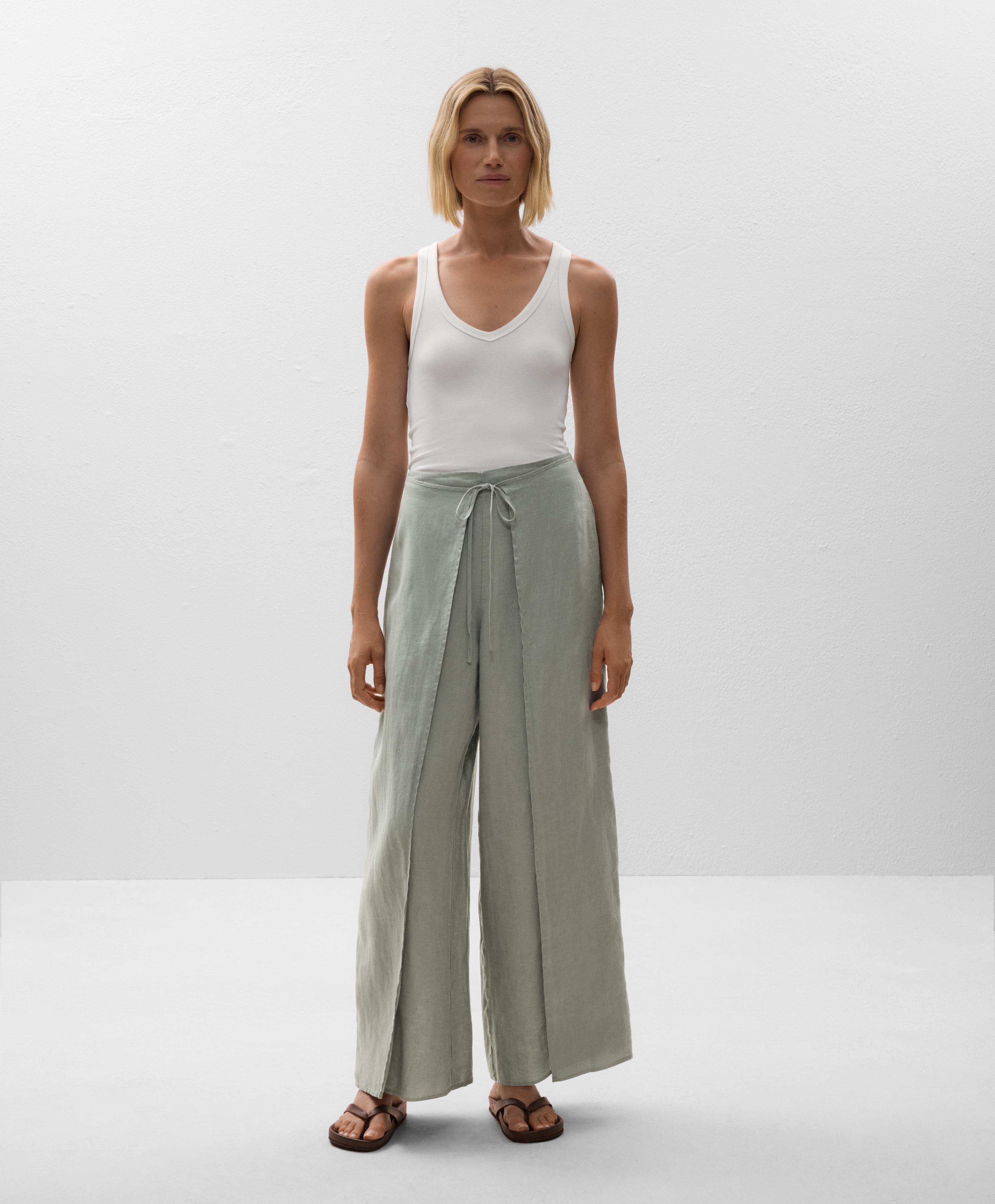 100% linen layered straight-leg trousers