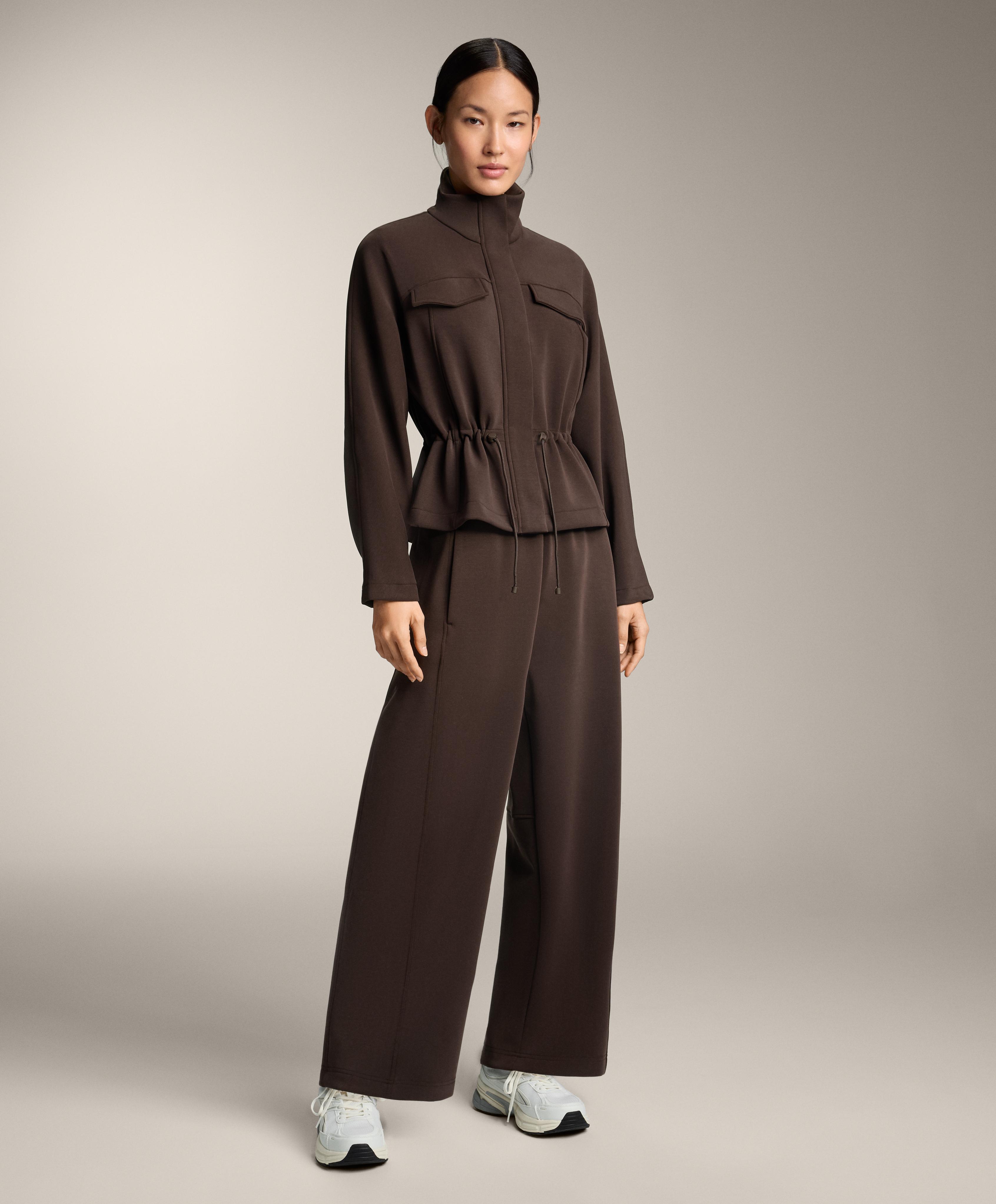 Brown straight-leg total look with brushed modal