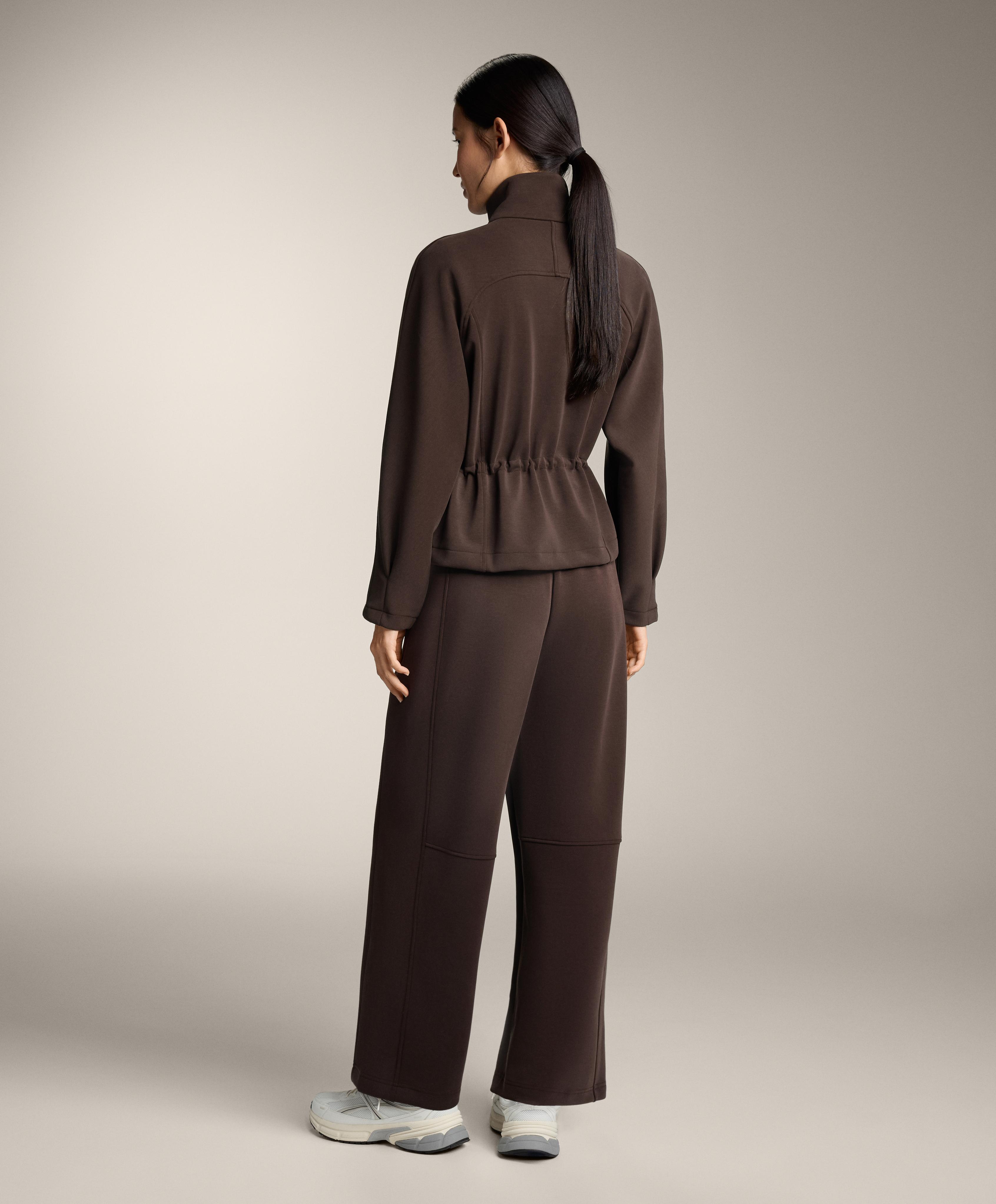 Brown straight-leg total look with brushed modal