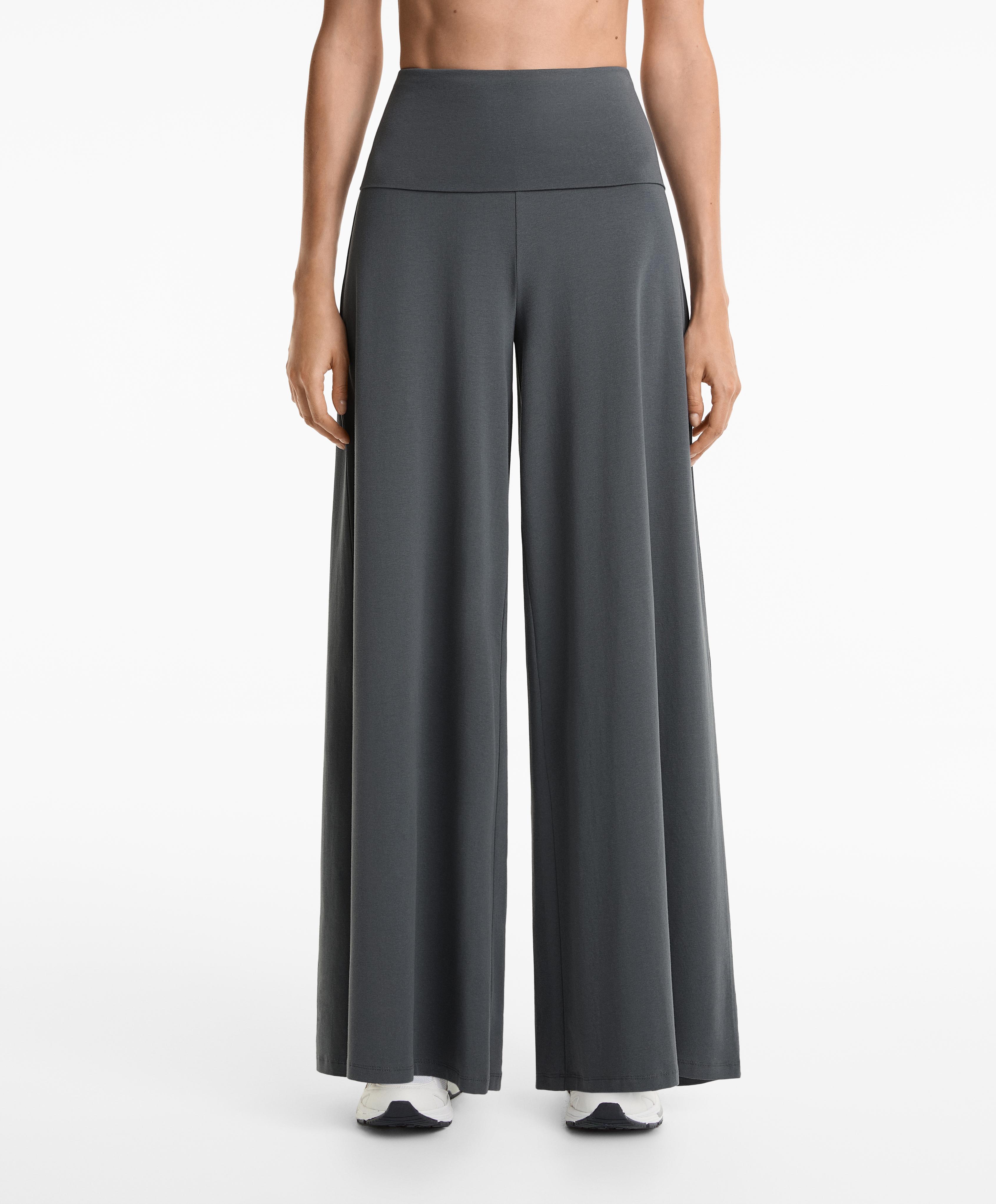 Cotton blend palazzo trousers with turn-over waistband