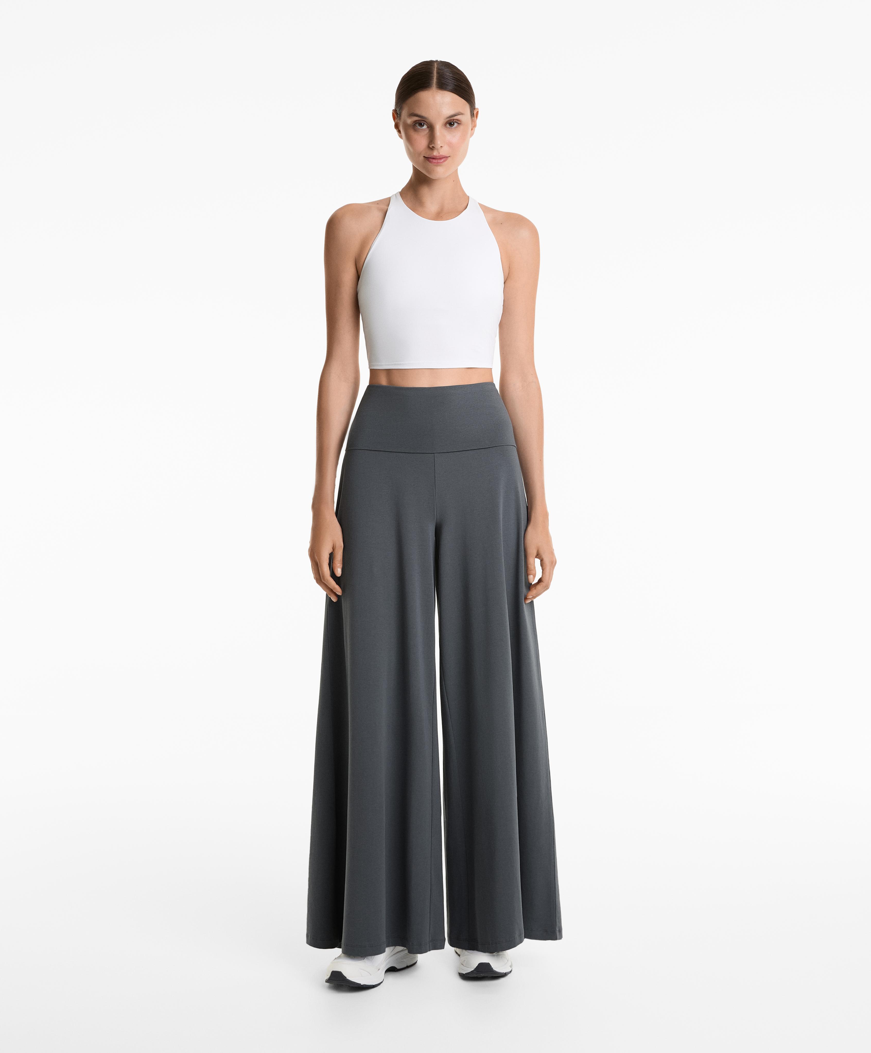Cotton blend palazzo trousers with turn-over waistband